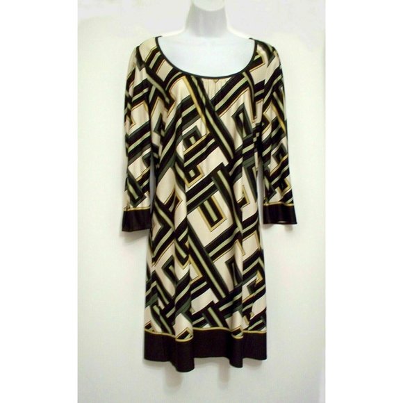 Ann Taylor Loft Dress Sz 6 Beige Brown Artsy Geometric Print Dressy Sheath Shift - Picture 1 of 10